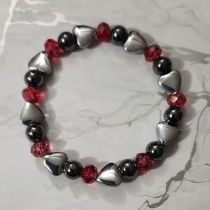Handmade Black Hematite, Red And Silver Heart Bracelet